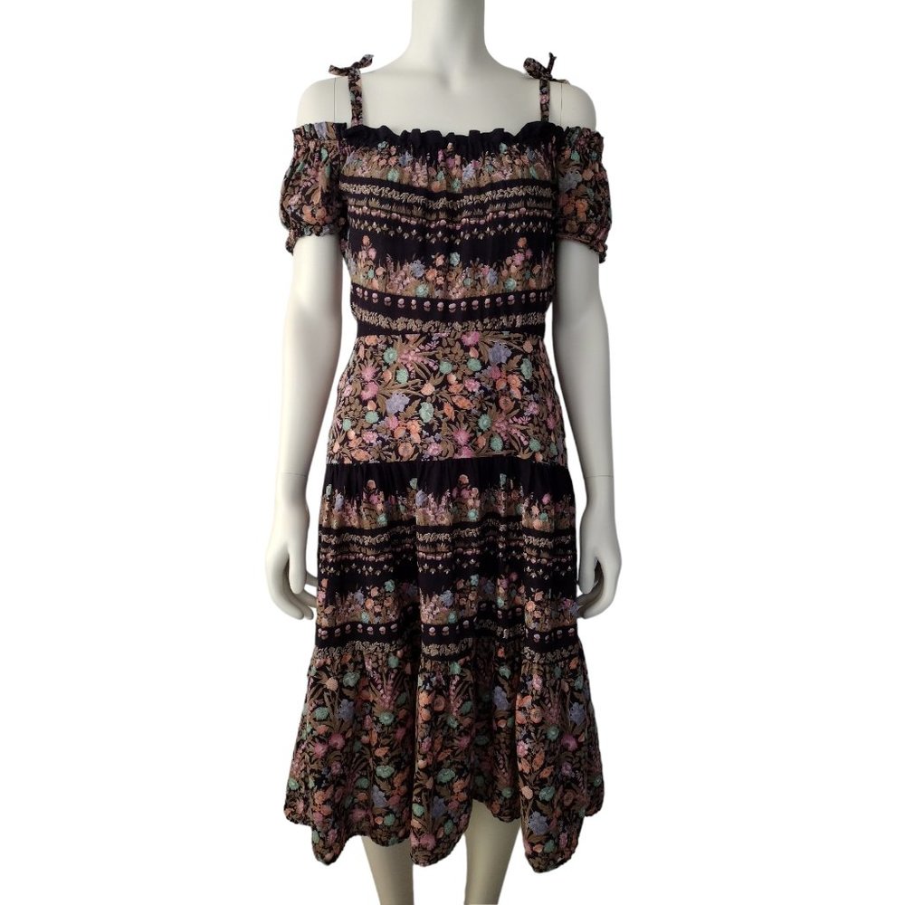 Vintage 1970s Black Cotton Off Shoulder Striped Floral A Line Midi Dress